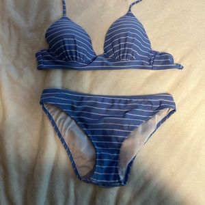 blue and white shade shore bathing suit, top is a 34c and bottoms are medium.